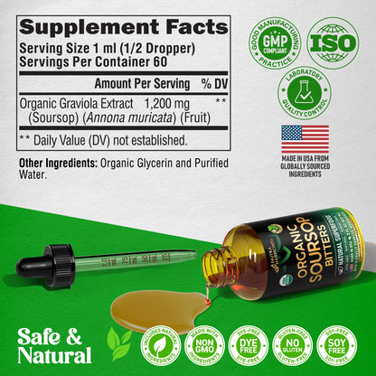 USDA Organic Graviola Soursop Bitters Liquid – Digestive Detox & Immune Support | 2 Fl Oz | Made in USA