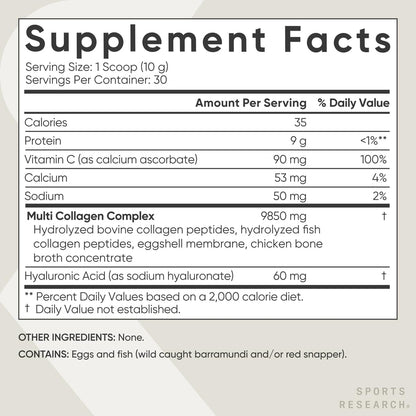 Sports Research® Multi Collagen Protein Powder – Food-Sourced Peptides (I, II, III, V, X) with Hyaluronic Acid & Vitamin C – Gluten Free, Non-GMO, 30 Servings (Unflavored)