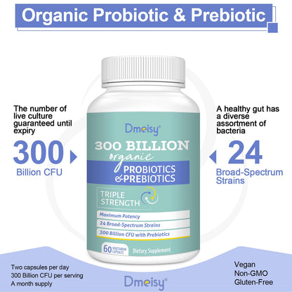 Probiotics for Women and Men - 300 Billion CFU, 24 Strains, 15 Organic Herbs + Prebiotics - Shelf-Stable Gut Health Supplement (8 Month Supply)