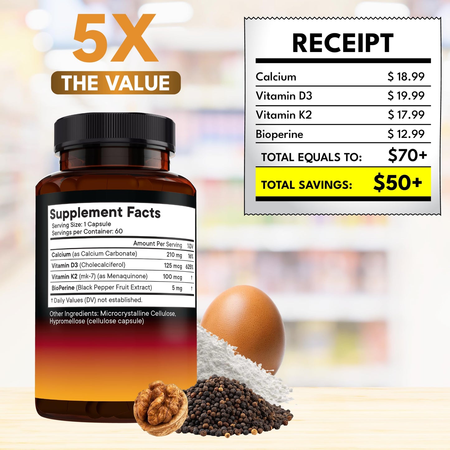 Vitamin D3 5,000 IU + K2 MK-7 100 mcg - 60 Capsules | Bone, Immune & Heart Support - Vegan & Non-GMO