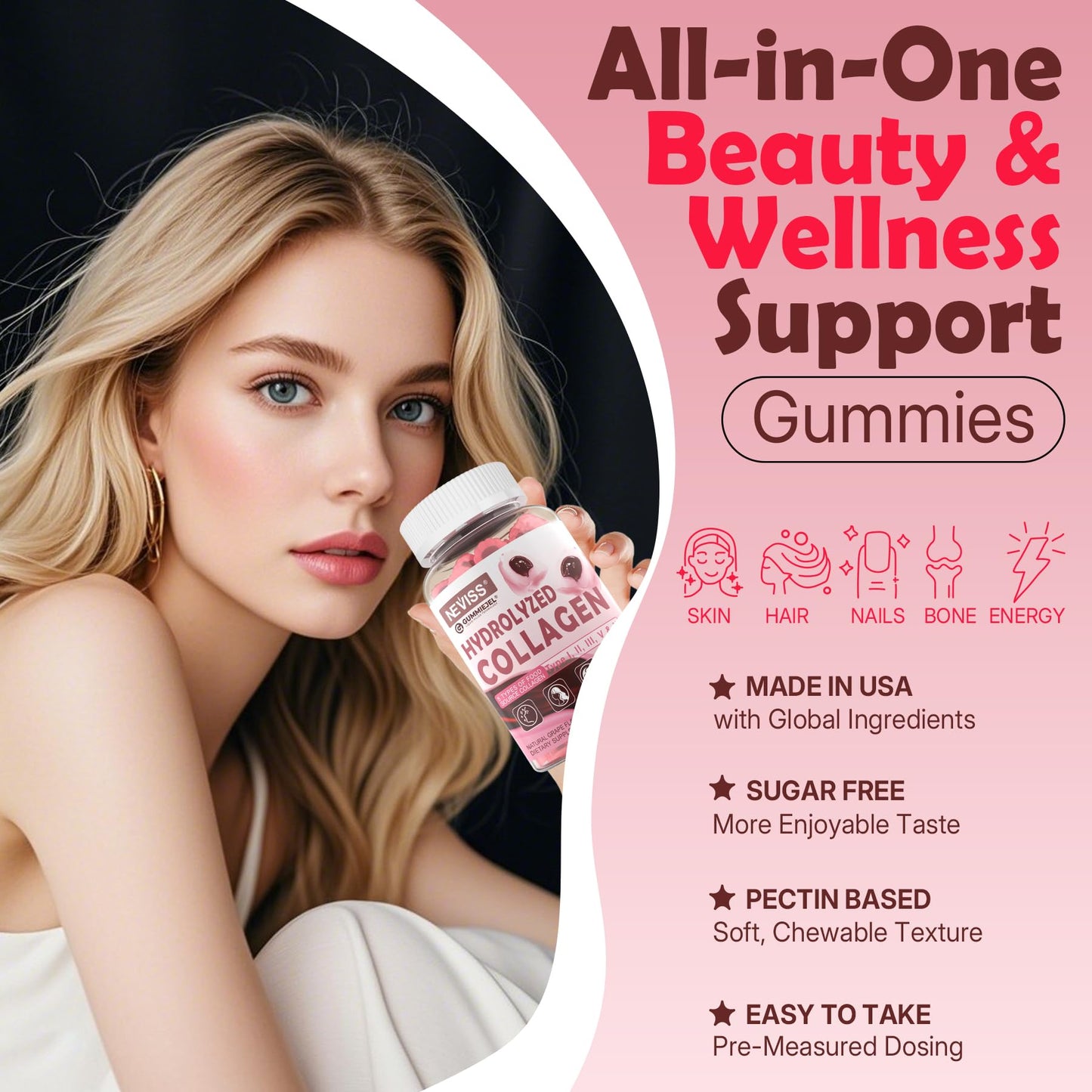 NEVISS Hydrolyzed Collagen Gummies – Multi-Type Collagen I–V & X with Vitamin D3 (120 ct)