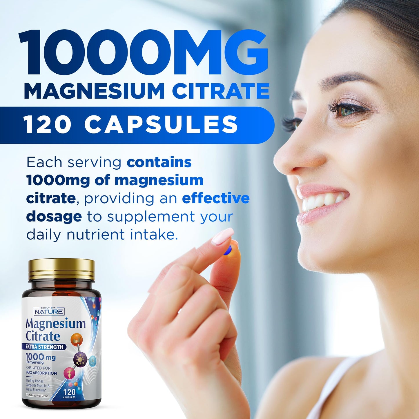 Magnesium Citrate 1000mg - High Absorption Magnesium Complex for Heart, Muscle, Nerve, Bone Health | Vegan, Non-GMO, Gluten-Free - 120 Capsules