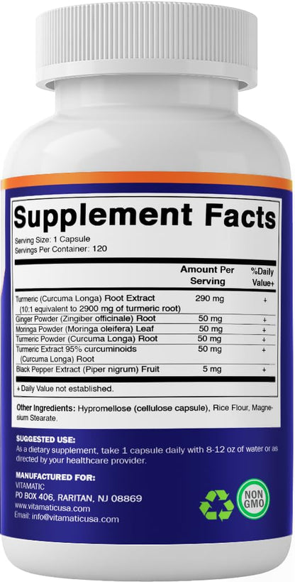 Vitamatic Turmeric Curcumin Supplement – 10:1, 3000 mg/Serving, 95% Curcuminoids, Black Pepper, Ginger, Moringa | 120 Veg Capsules