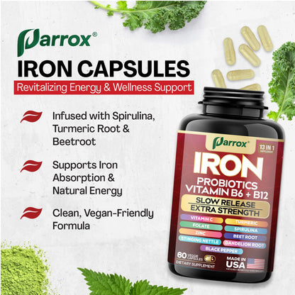 Parrox Elemental-Iron: Slow-Release Iron with Probiotics, Beetroot, Turmeric & B Vitamins – 2 Pack, 60 Capsules Each