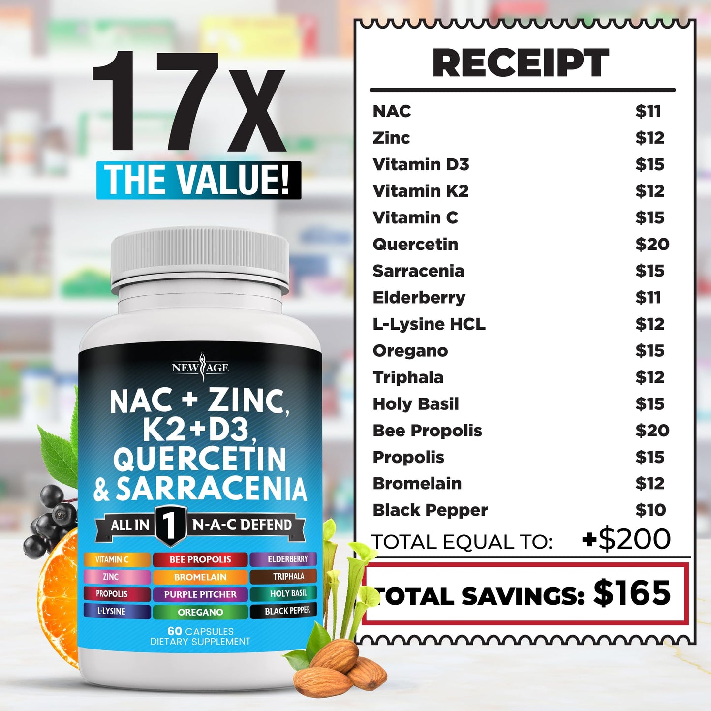 NEW AGE NAC Supplement with Vitamin D3, K2, Zinc – 180 Count