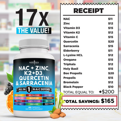 NEW AGE NAC Supplement with Vitamin D3, K2, Zinc – 180 Count