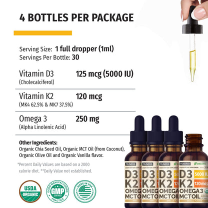 NUSAVA 4 Pack Organic Vitamin D3 K2 Drops with MCT Oil – 5000 IU, Vanilla