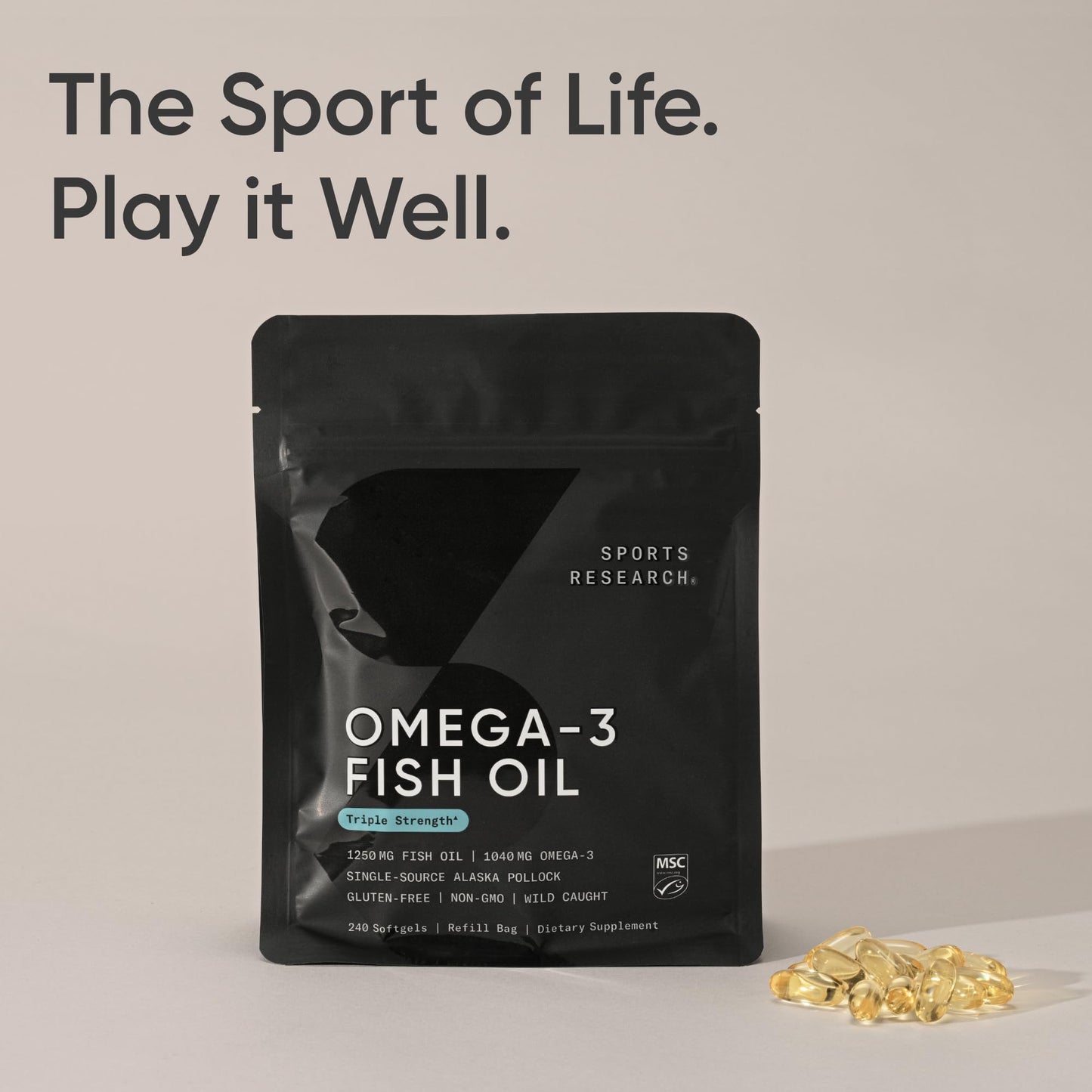 Sports Research Triple Strength Omega-3 Fish Oil - Burpless 1250 mg, 240 Softgels | Wild Alaska Pollock, EPA & DHA