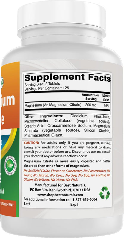 Best Naturals Magnesium Citrate 400 mg - 250 Tablets | Elemental 400 mg per 2 Tablets