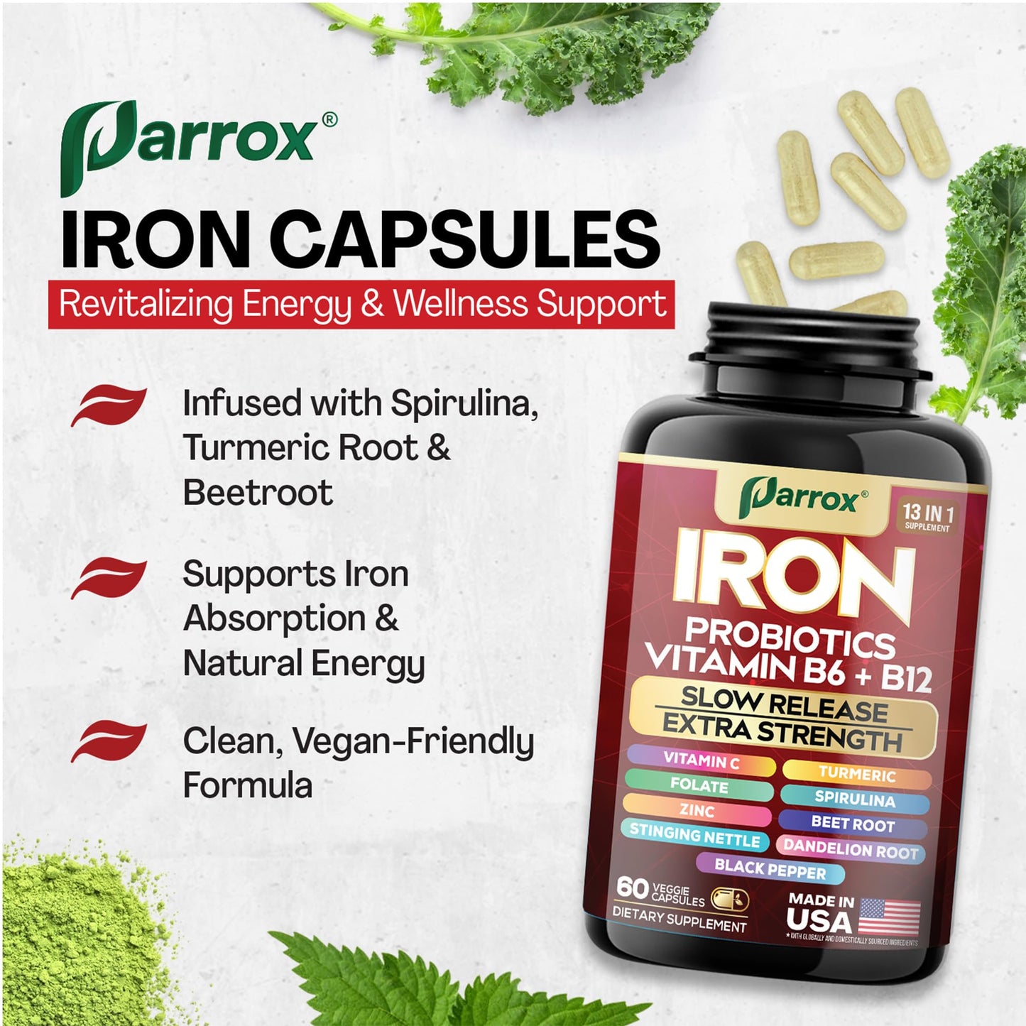 Parrox Elemental Iron 13-in-1 – Slow-Release Iron, Probiotics, B Vitamins, Beetroot & Turmeric (3-Pack, 60 Capsules)
