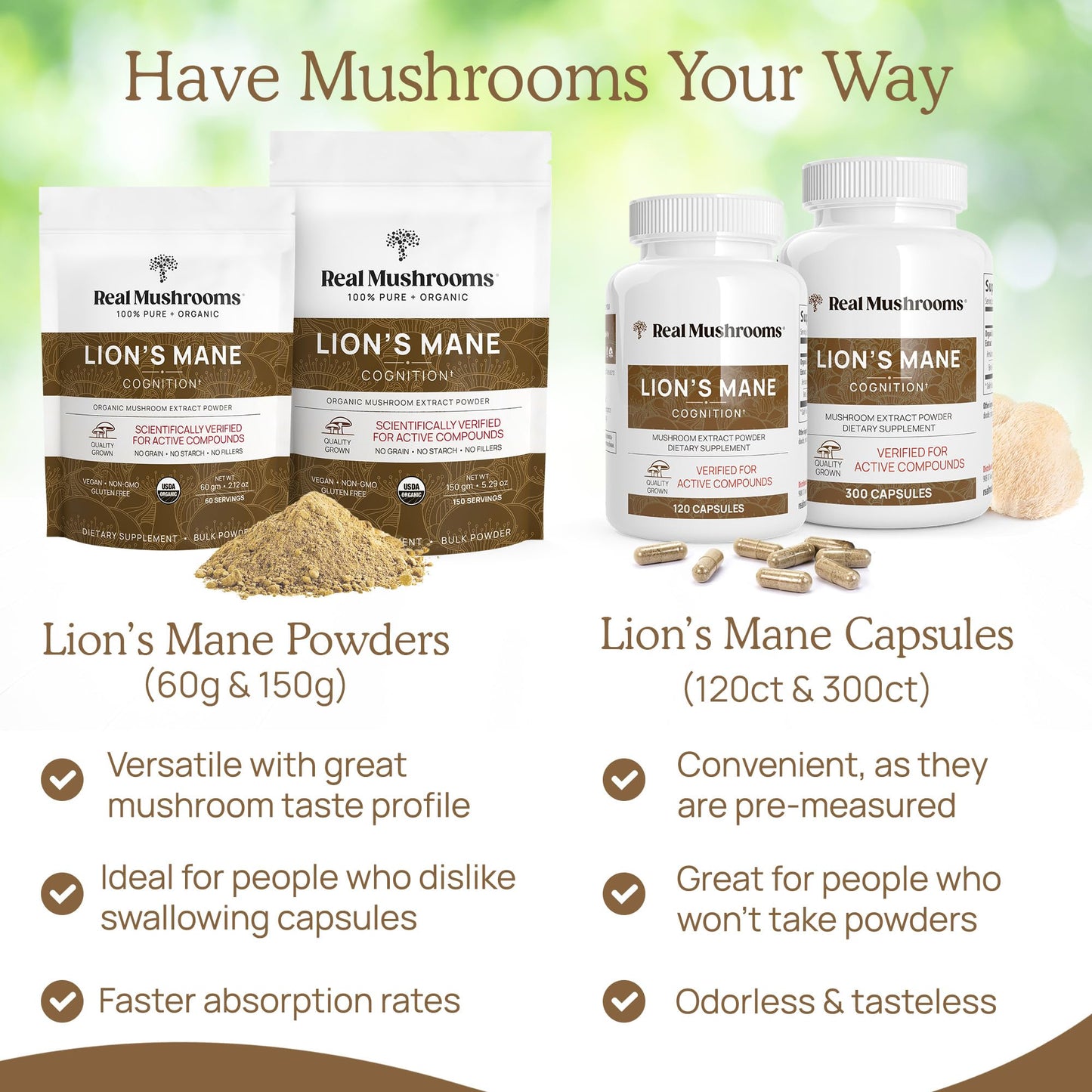 Real Mushrooms Lion’s Mane Supplement Capsules - Organic, Vegan, 300 ct, Beta-Glucan Rich