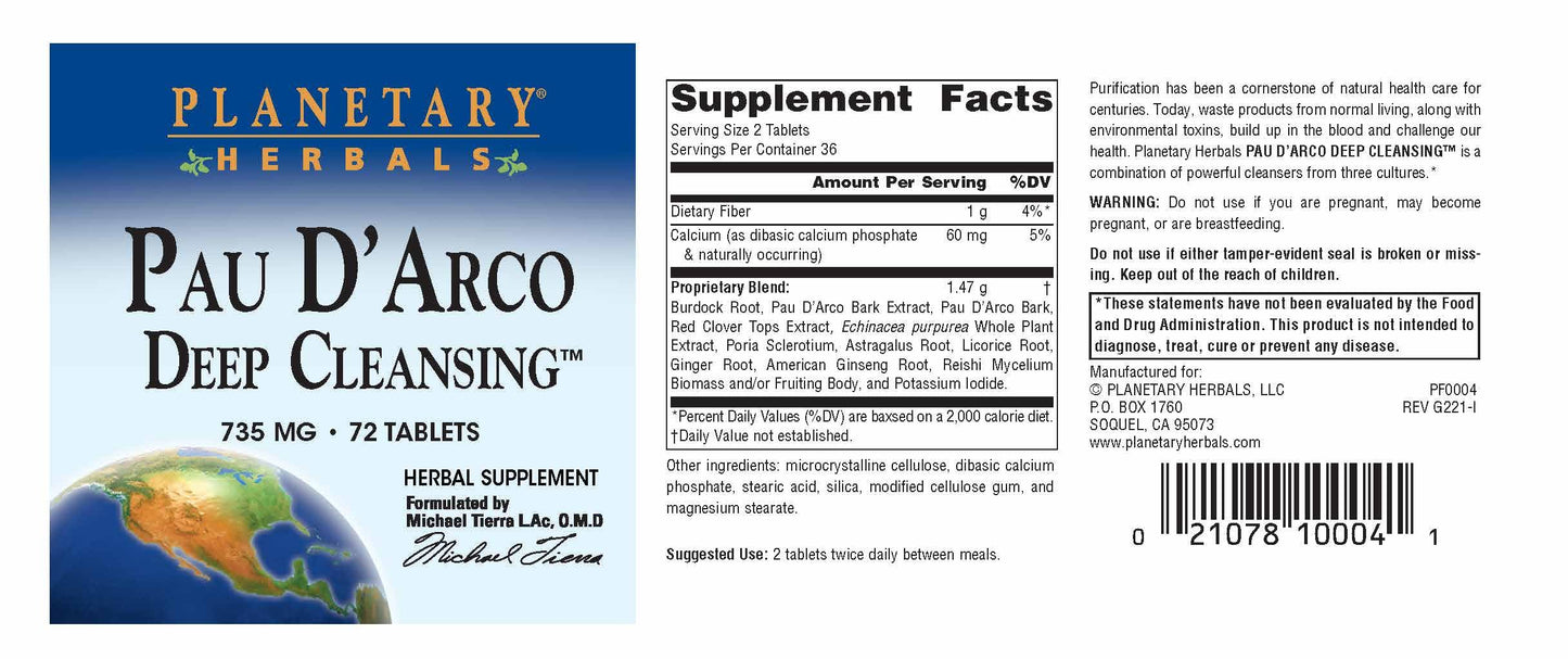 Planetary Herbals Pau D'Arco Deep Cleansing – 735 mg Herbal Supplement (72 Tablets)