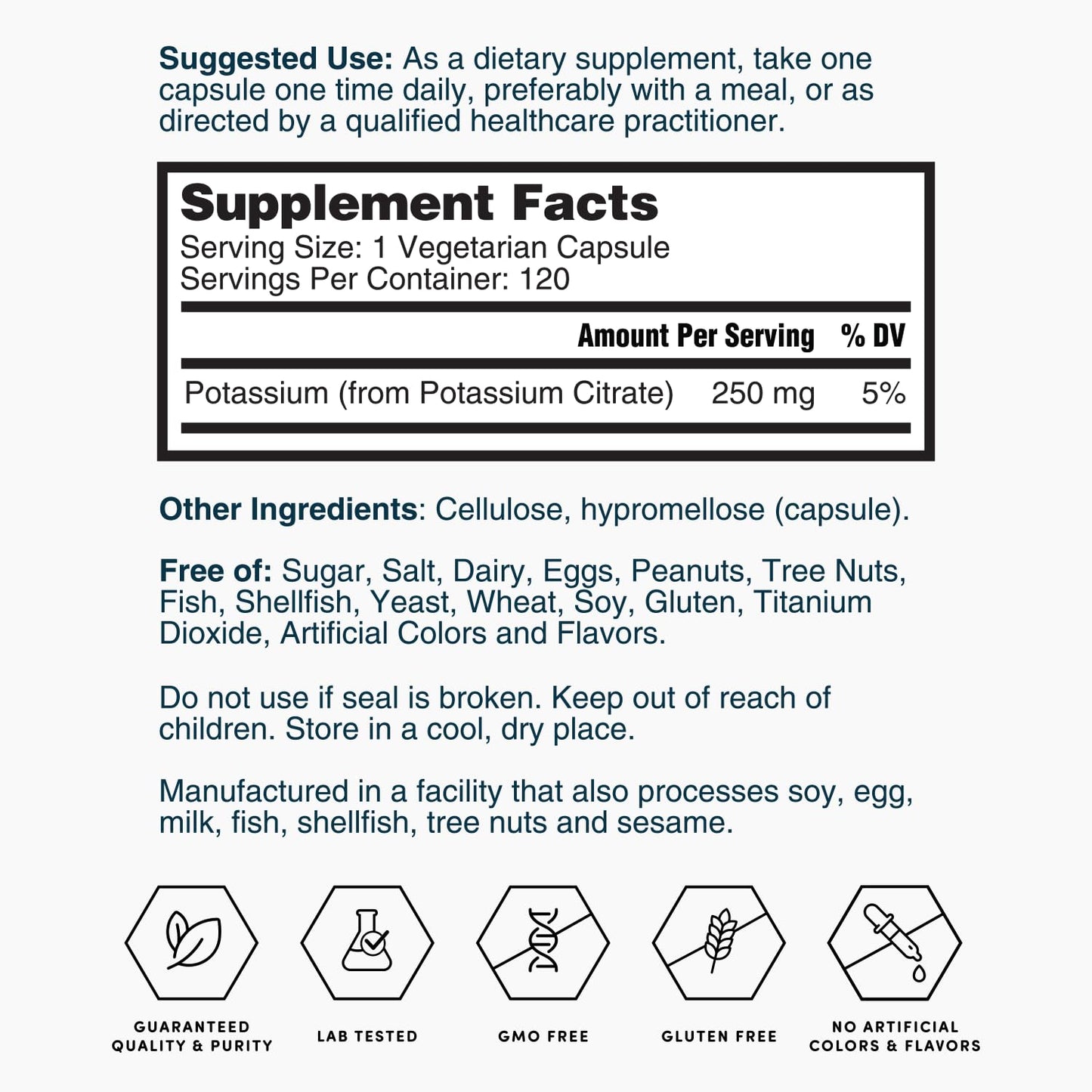 Nature's Lab Gold Potassium Citrate - Nerve, Muscle & Heart Health Support | 250mg Potassium Citrate, 120 Capsules (120 Day Supply)