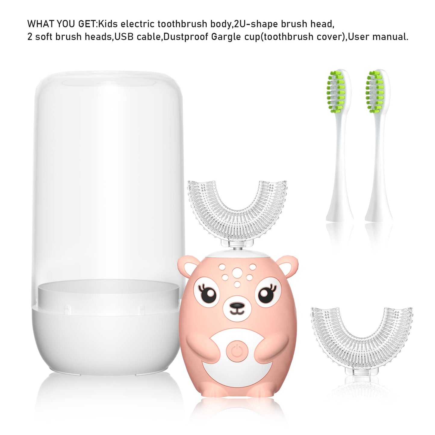 Kids U-Shaped Sonic Electric Toothbrush — Automatic, 6 Modes, 4 Heads, Cartoon Deer Design