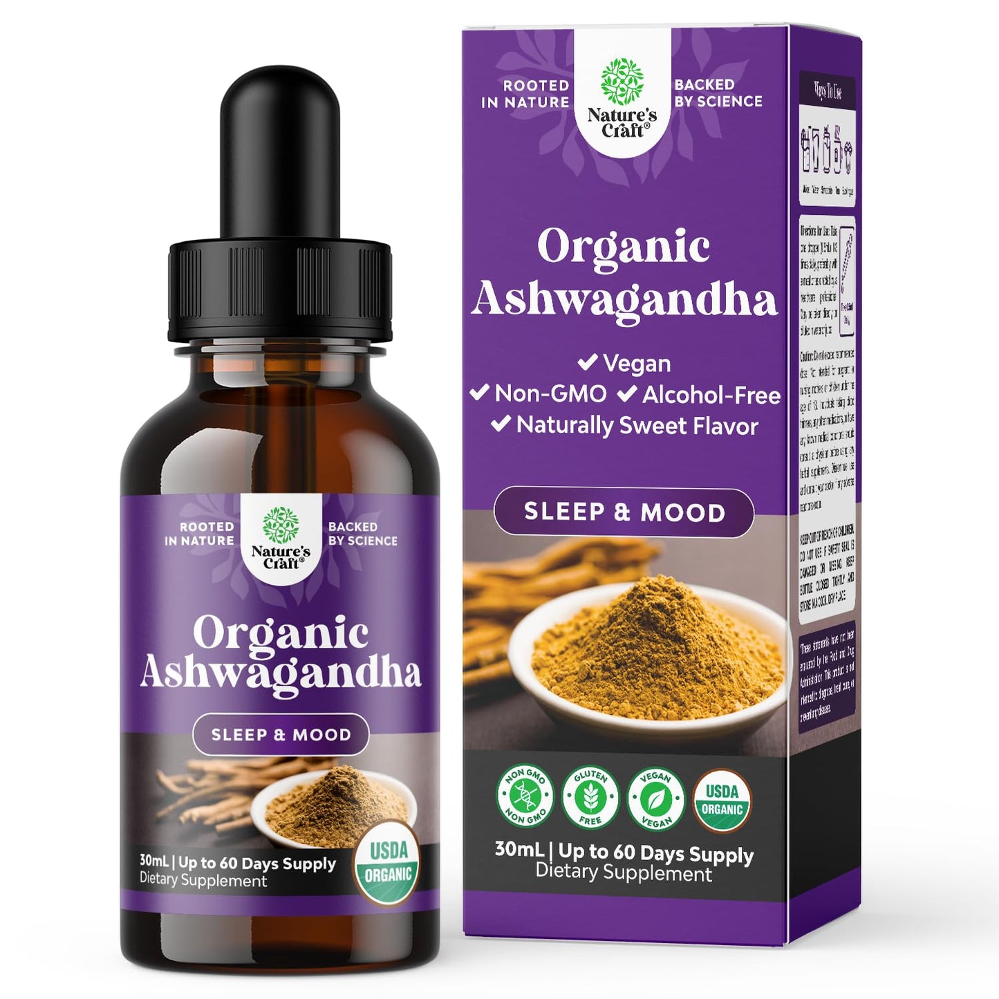 USDA Organic Ashwagandha Liquid Drops - Stress & Mood Support (Alcohol-Free, 30 ml)