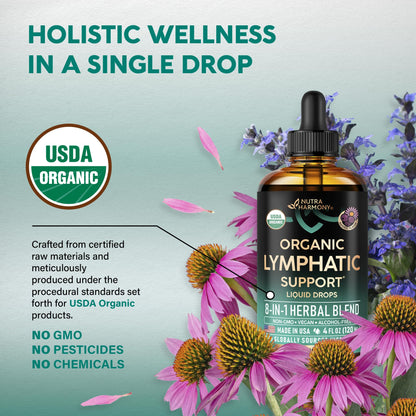 NutraHarmony USDA Organic Lymphatic Drainage Drops - Echinacea, Elderberry & Dandelion | Immune Support & Detox (4 fl oz)