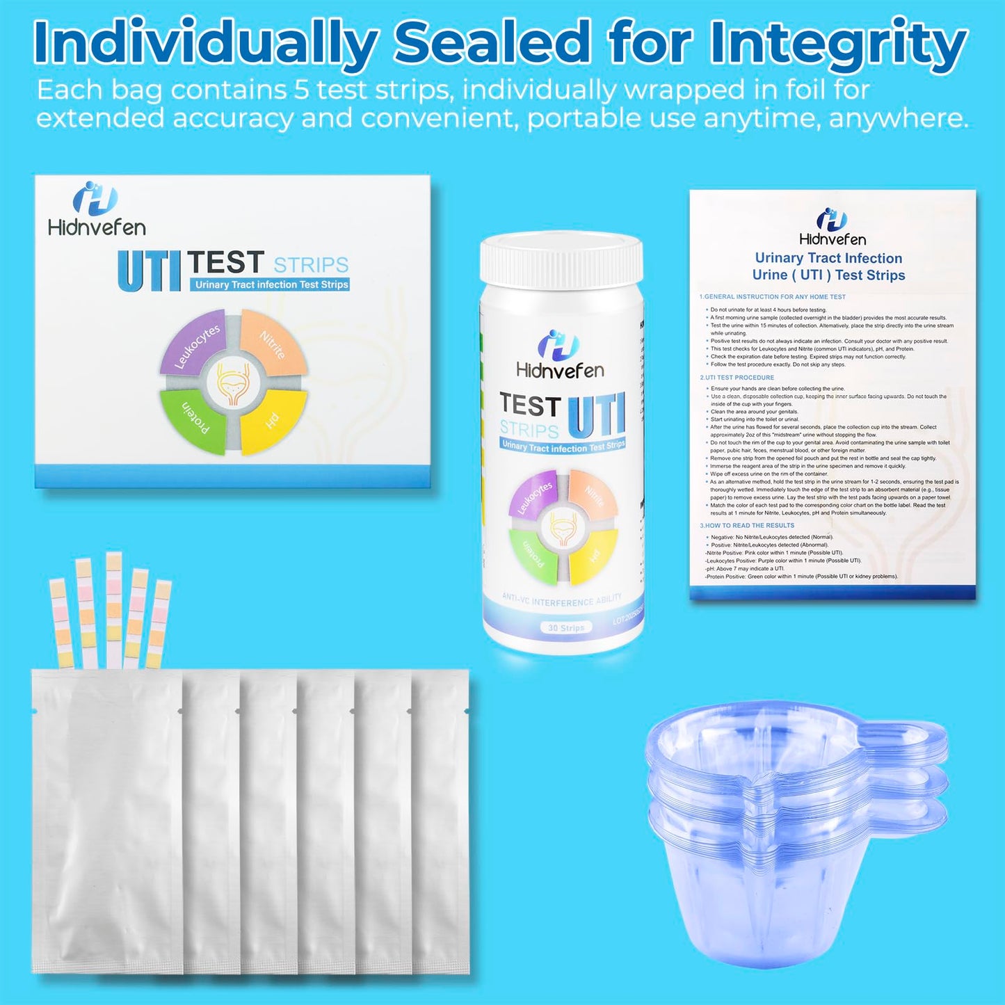 4-in-1 UTI Test Strips – At-Home Urinalysis Kit (Leukocytes, Nitrites, pH, Protein)