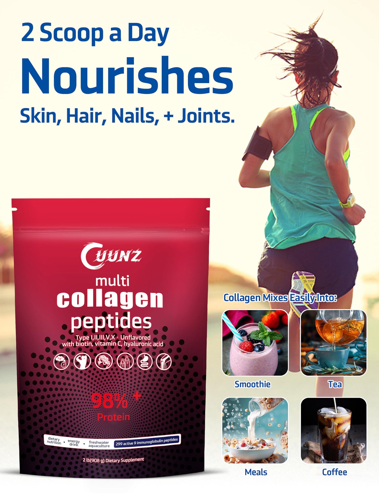 UUNZ Multi Collagen Powder I-V-X | Biotin, HA, Vitamin C | Unflavored 1lb