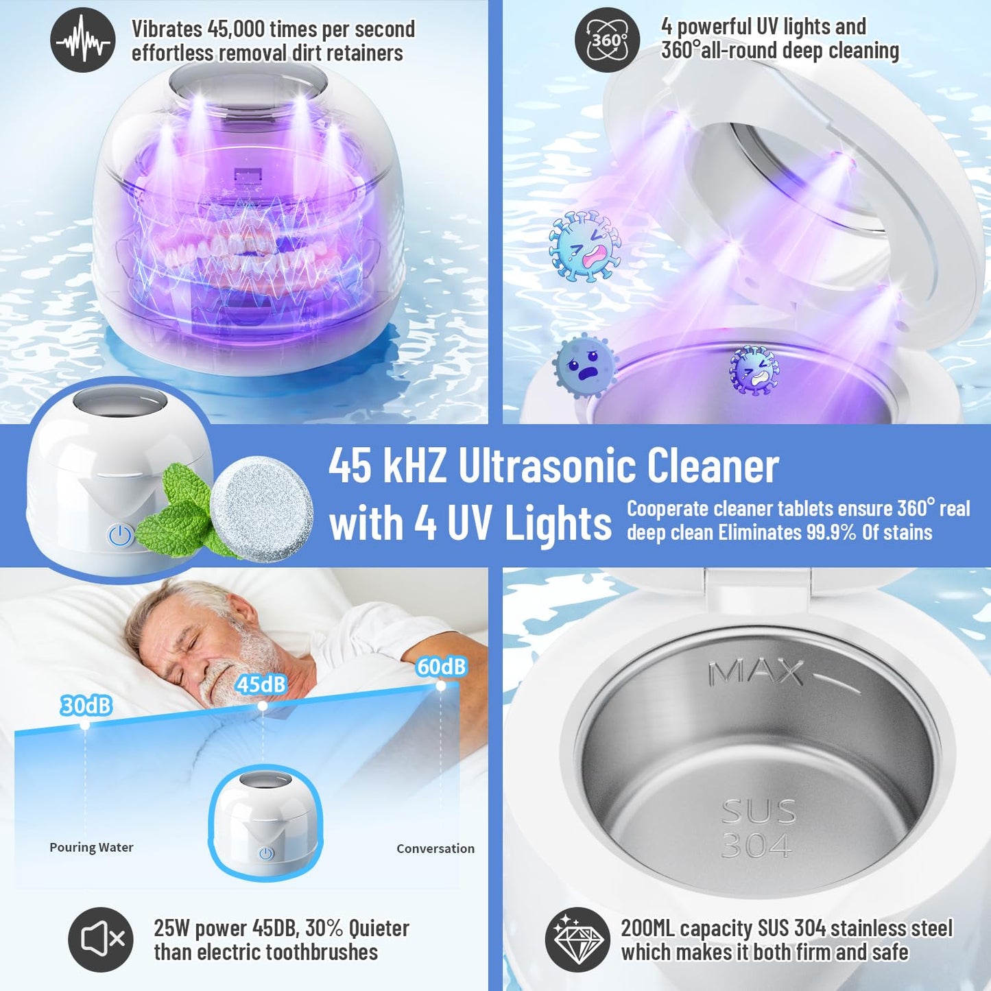 Ultrasonic Retainer Cleaner with Tablets and Brush Kit - UV Sonic Cleaner