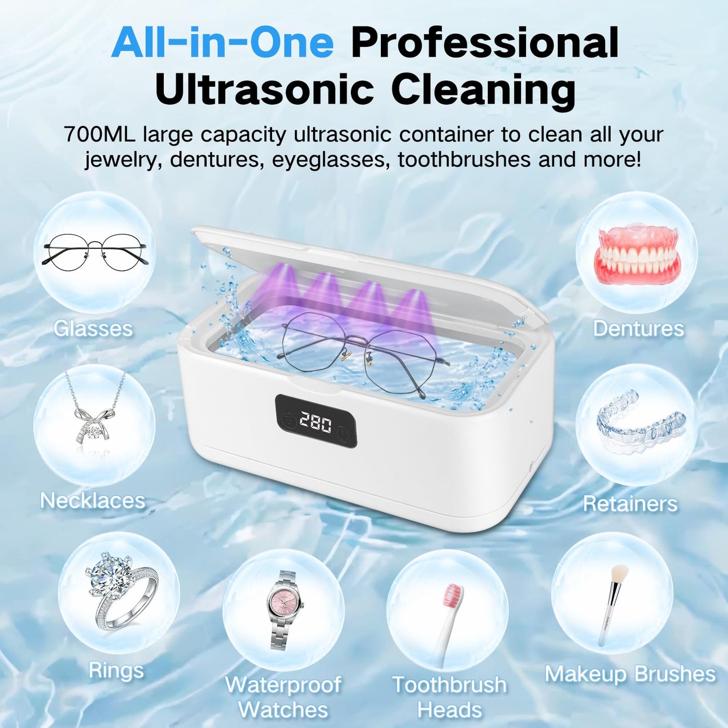 49kHz Ultrasonic Jewelry Cleaner – All-in-One Cleaner for Jewelry & Dentures