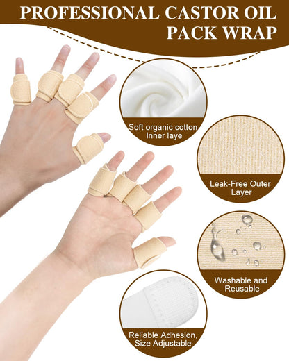 Uwbettry 10pcs Castor Oil Pack Wraps for Fingers - Reusable Self-Adhesive Finger/Thumb Castor Oil Compress (Organic Cotton)