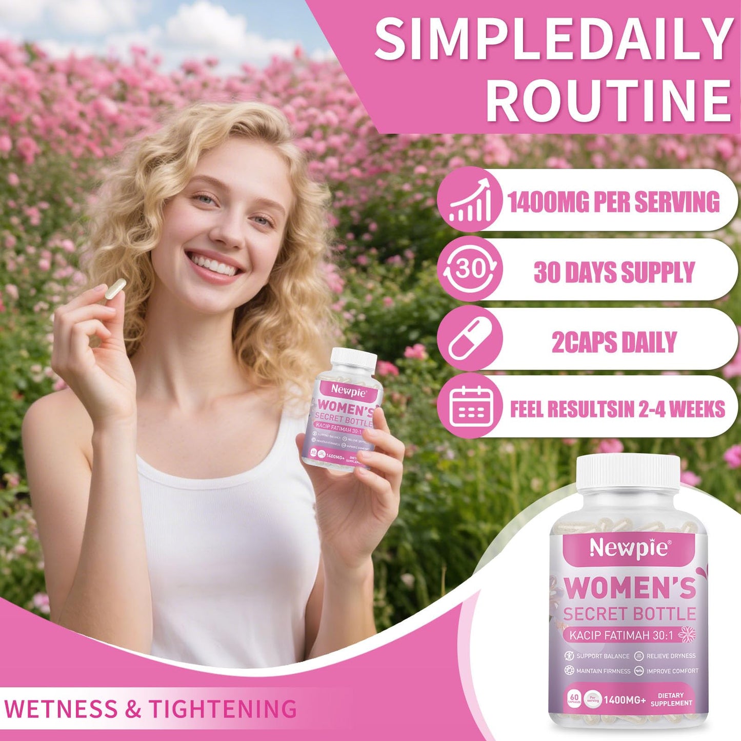Vaginal Moisturizer Capsules – Kacip Fatimah 1000mg, Manjakni 200mg & Slippery Elm | Vegan, 60 Capsules