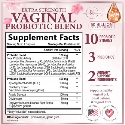 Vaginal Probiotics 50B CFU - 10 Strains with Cranberry & D-Mannose | Vaginal pH & Flora Balance - 60 Capsules