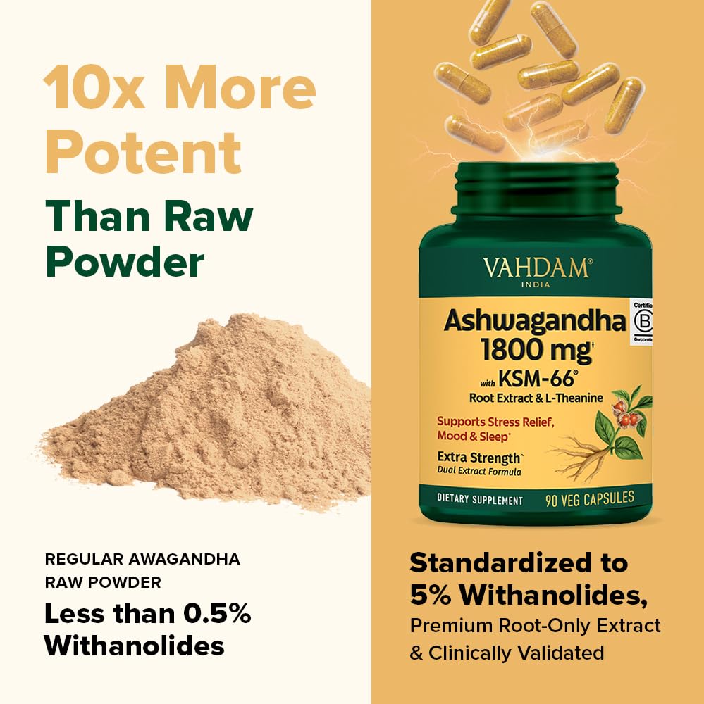 VAHDAM Ashwagandha 1800mg with L-Theanine | Stress Relief, Mood & Sleep | 90 Capsules