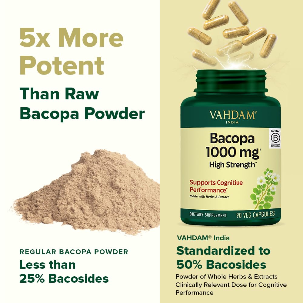 VAHDAM Bacopa Monnieri 1000mg Capsules – Cognitive Support, High Strength (90 Veg)