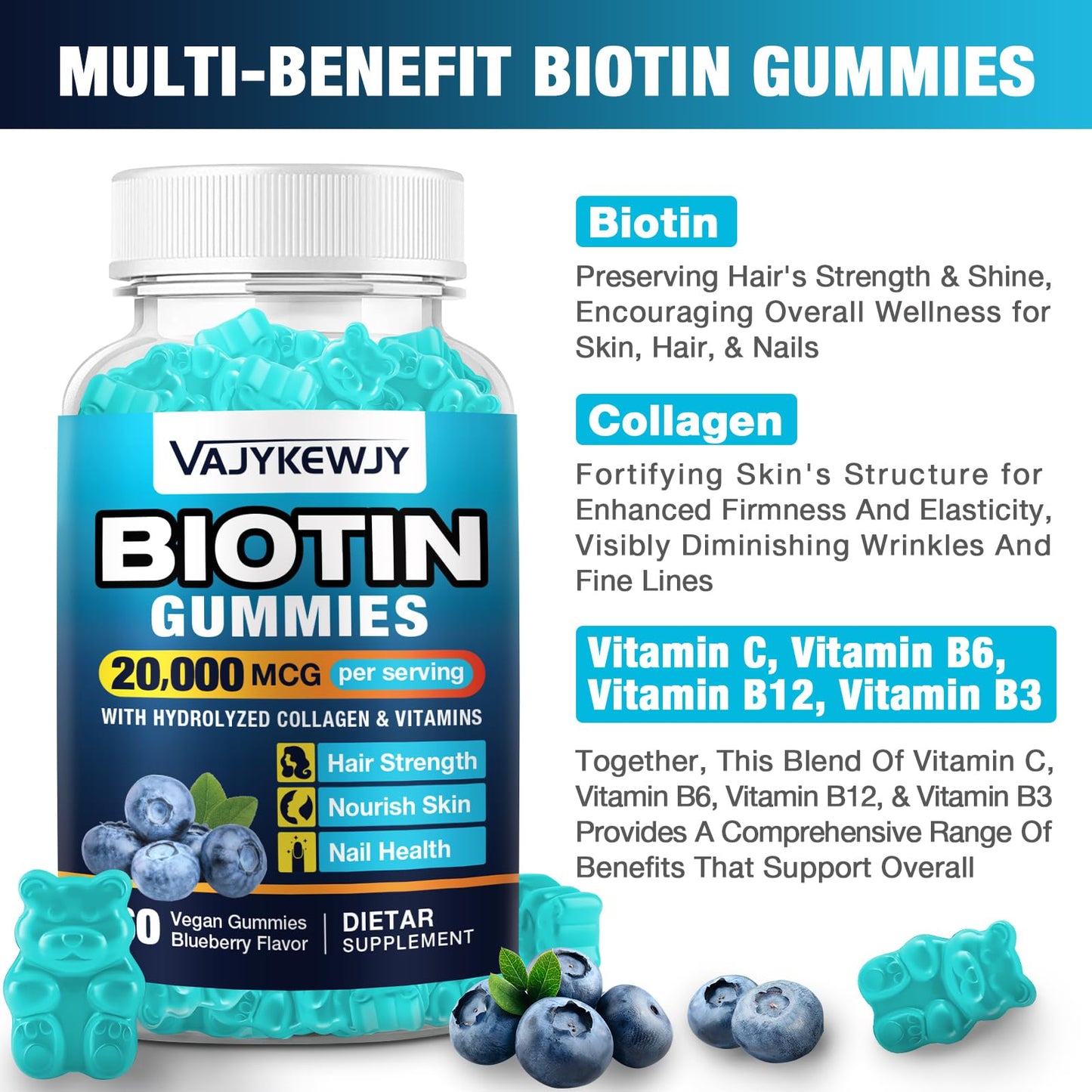 VAJYKEWJY 2 Pack Vegan Biotin Gummies – 20,000 mcg per Serving, Hair Skin Nails | 120 Gummies