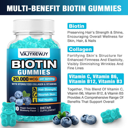 VAJYKEWJY Vegan Biotin Gummies – 20,000 mcg per Serving | Hair, Skin & Nails