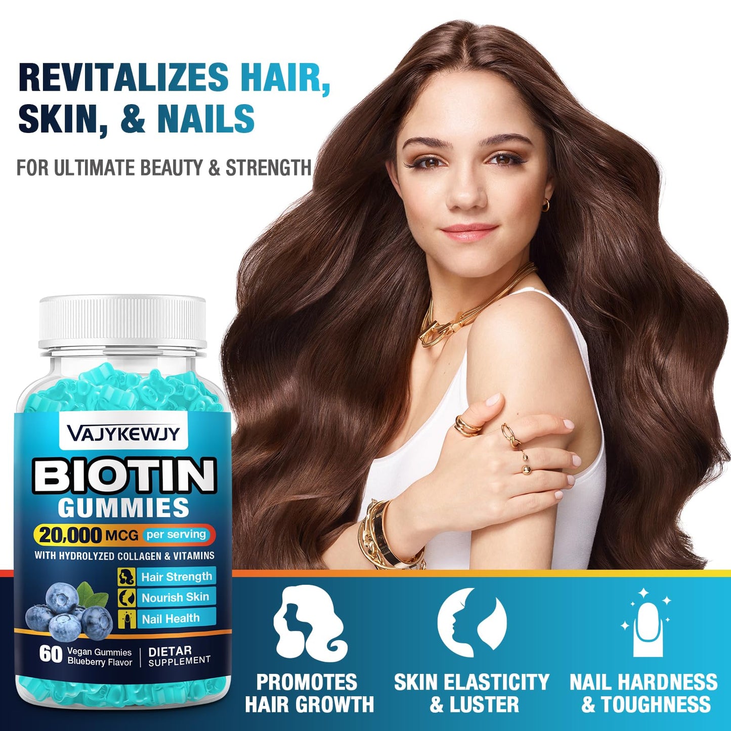 VAJYKEWJY Vegan Biotin Gummies – 20,000 mcg per Serving | Hair, Skin & Nails
