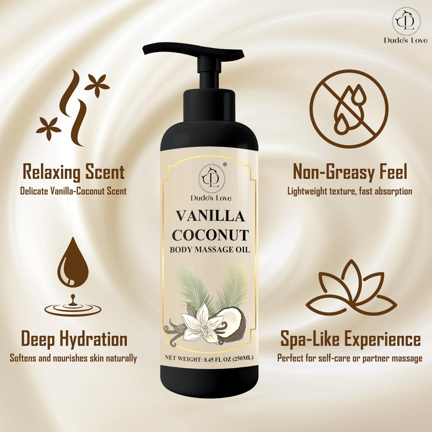 Vanilla Coconut Body Massage Oil – Hydrating & Nourishing (8.45 fl oz / 250 ml)