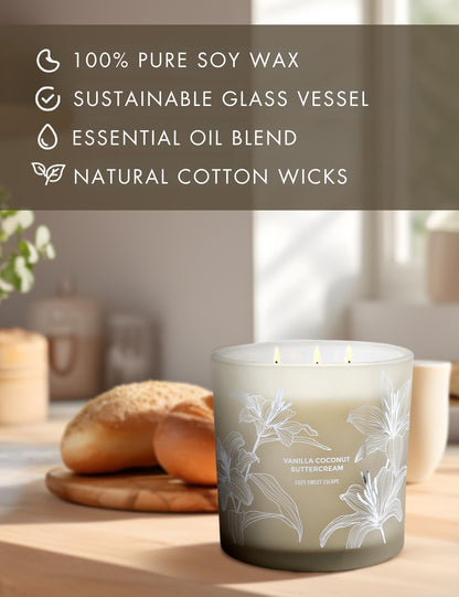 Vanilla Coconut Buttercream 3-Wick Soy Candle – 14.5 oz, Creamy Vanilla & Toasted Coconut | Long-Lasting Clean Burn