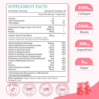 Vazatisi Sugar Free Collagen Gummies – Multi-Collagen Peptides (I II III V X) + Biotin, Strawberry, 60 Count