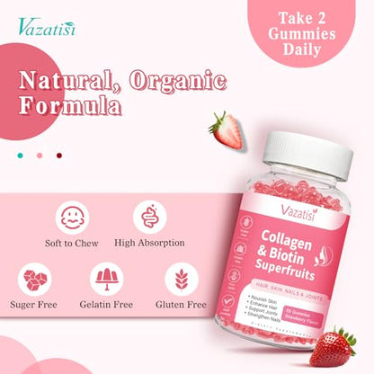 Vazatisi Sugar Free Collagen Gummies – Multi-Collagen Peptides (I II III V X) + Biotin, Strawberry, 60 Count