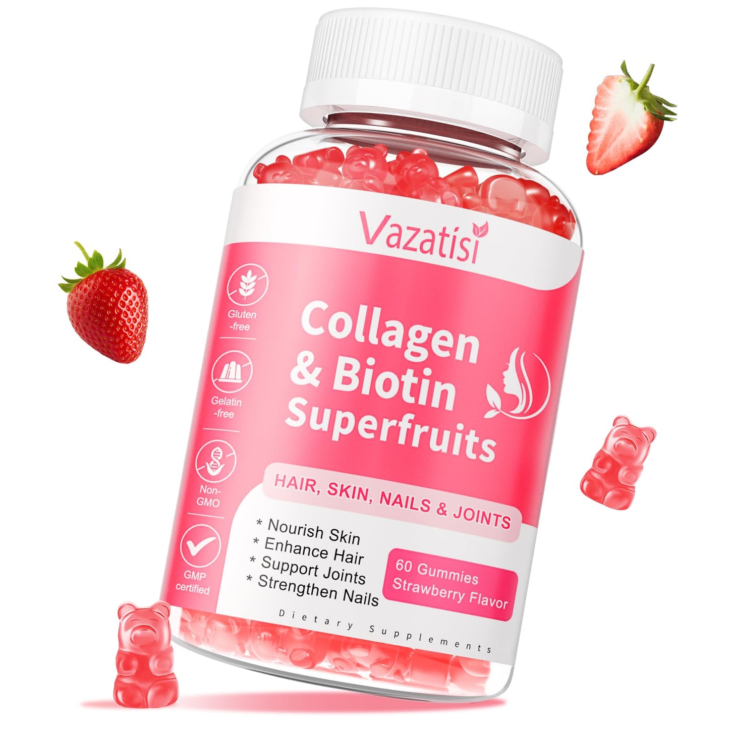 Vazatisi Sugar Free Collagen Gummies – Multi-Collagen Peptides (I II III V X) + Biotin, Strawberry, 60 Count