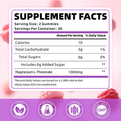 VCCHUYH Magnesium Threonate Gummies – 1000mg, Raspberry, for Kids & Adults