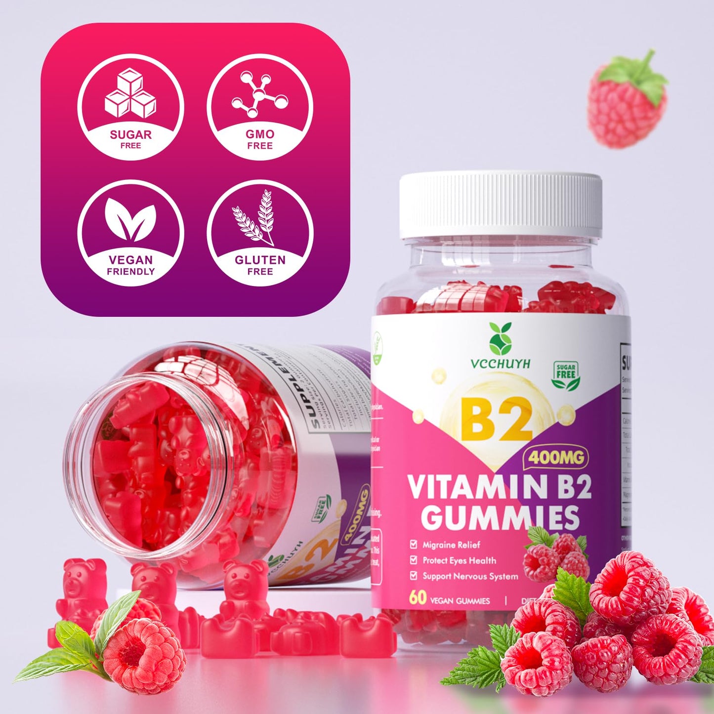 VCCHUYH Vitamin B2 Gummies with Magnesium – 400mg Riboflavin for Migraine Relief (Vegan, Non-GMO, Raspberry, 60 Count)