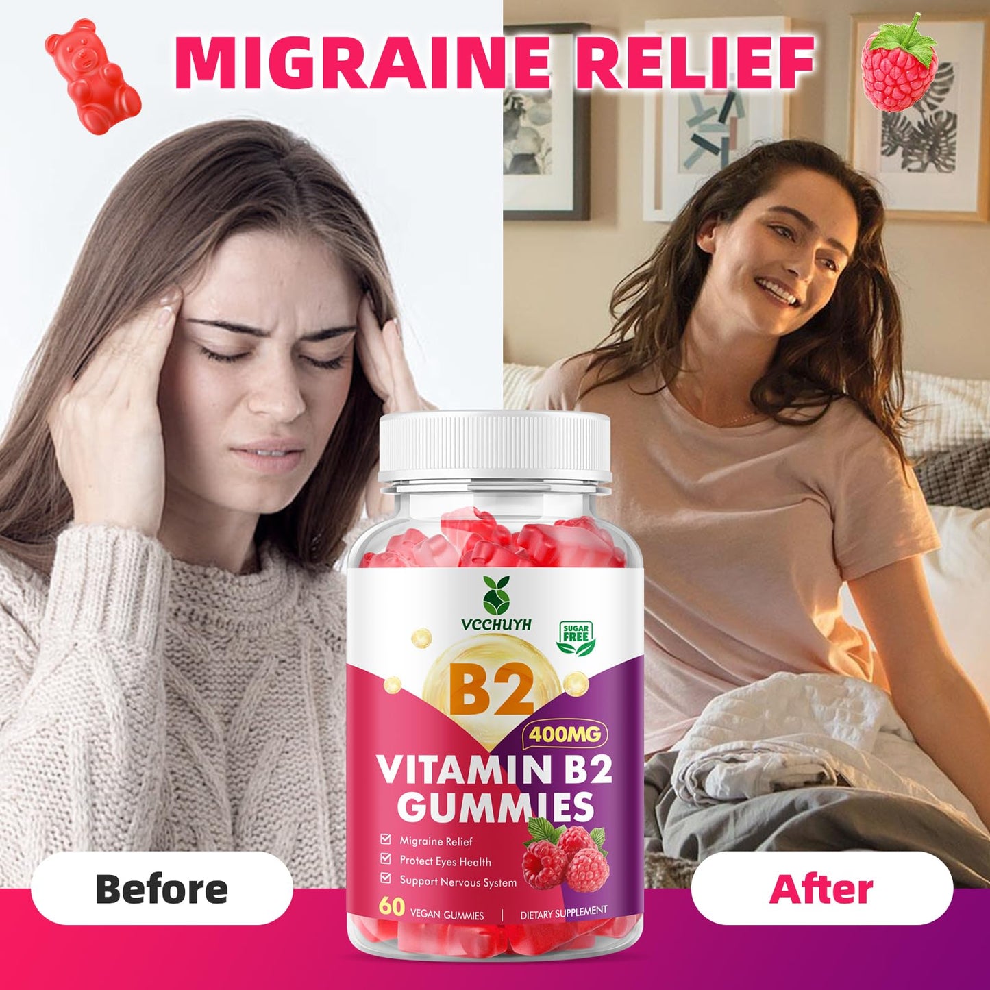 VCCHUYH Vitamin B2 Gummies with Magnesium – 400mg Riboflavin for Migraine Relief (Vegan, Non-GMO, Raspberry, 60 Count)