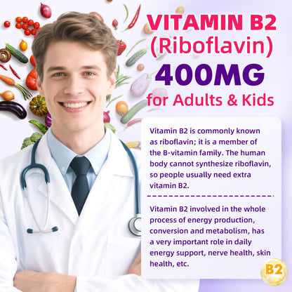 VCCHUYH Vitamin B2 Gummies with Magnesium – 400mg Riboflavin for Migraine Relief (Vegan, Non-GMO, Raspberry, 60 Count)