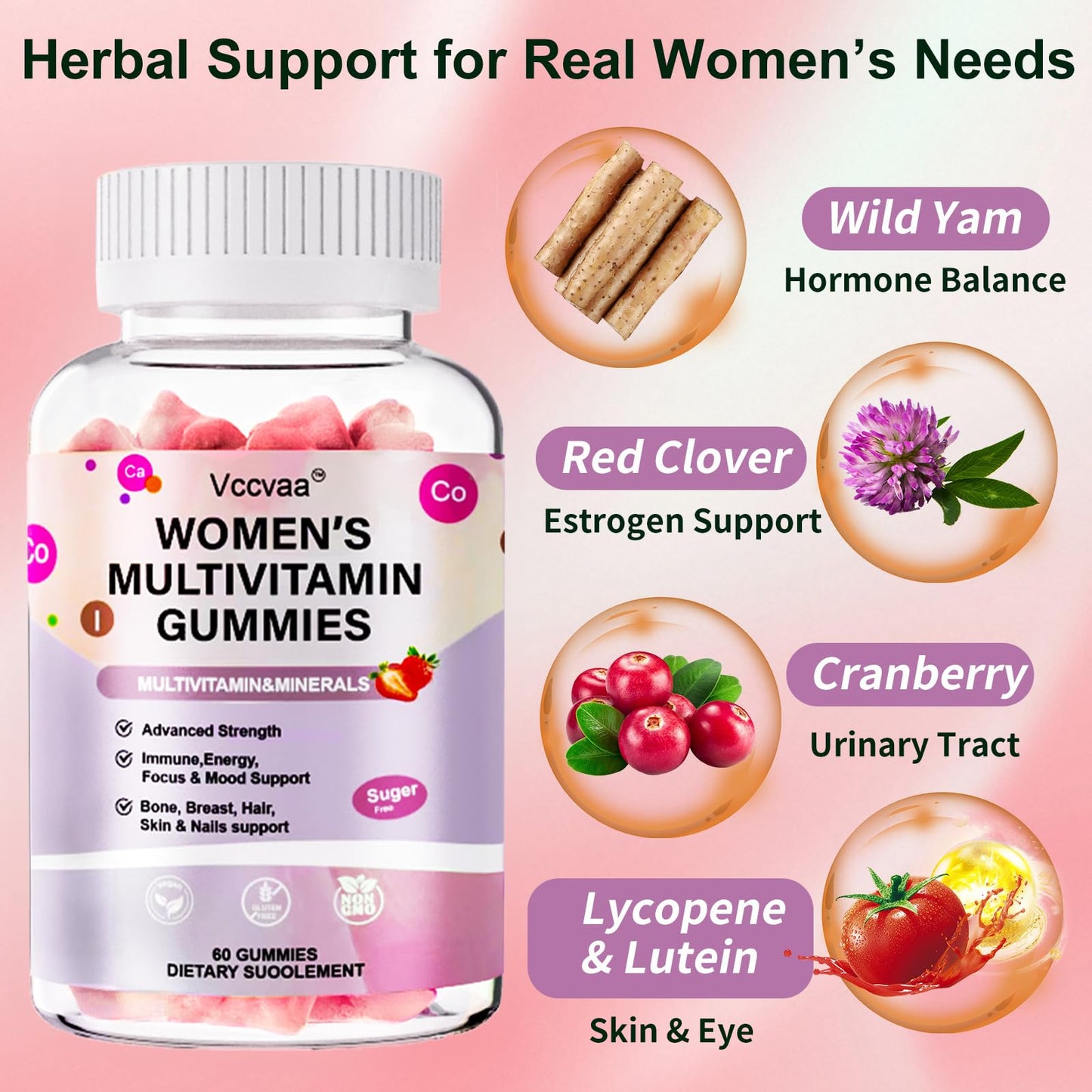 Vccvaa Sugar Free Multivitamin Gummies for Women 14+ – Iron, Folate, 20+ Nutrients | Vegan