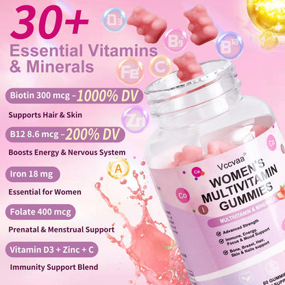 Vccvaa Sugar Free Multivitamin Gummies for Women 14+ – Iron, Folate, 20+ Nutrients | Vegan