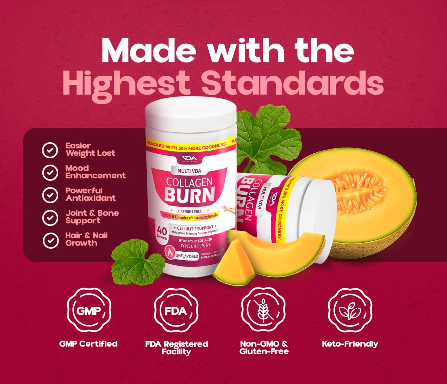 VDA Collagen Burn – Flavorless Hydrolyzed Collagen with Peptides (Types I–X) | 40 Servings