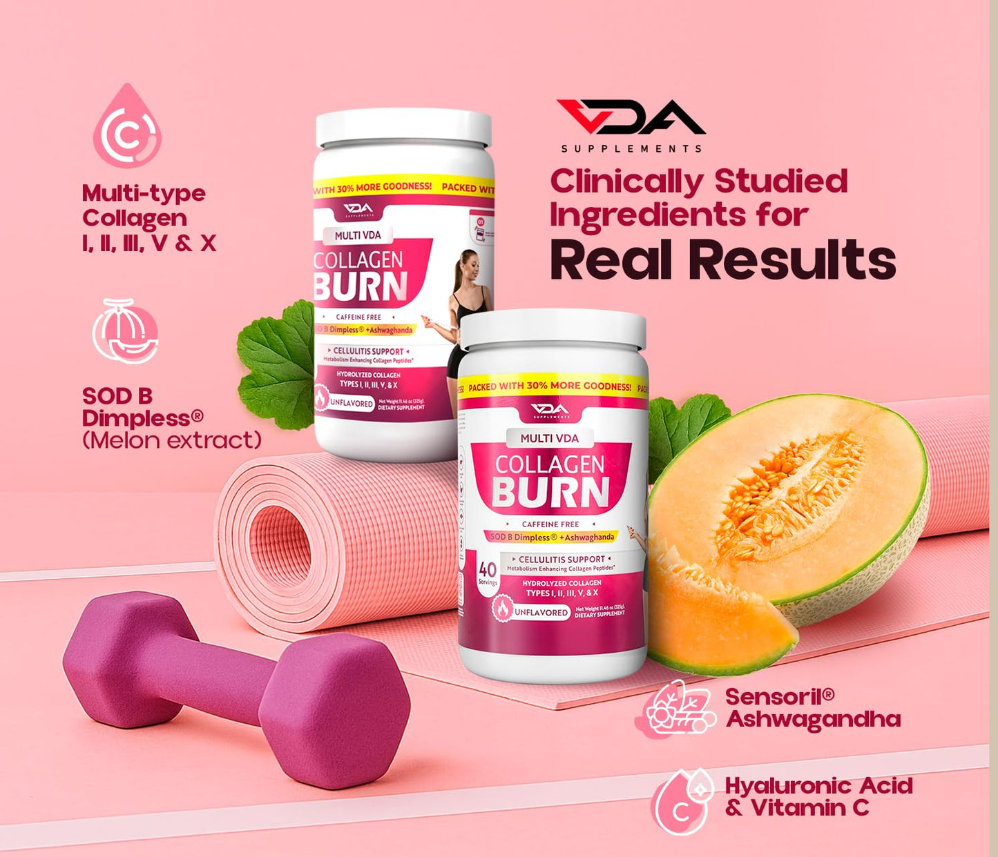 VDA Collagen Burn – Flavorless Hydrolyzed Collagen with Peptides (Types I–X) | 40 Servings