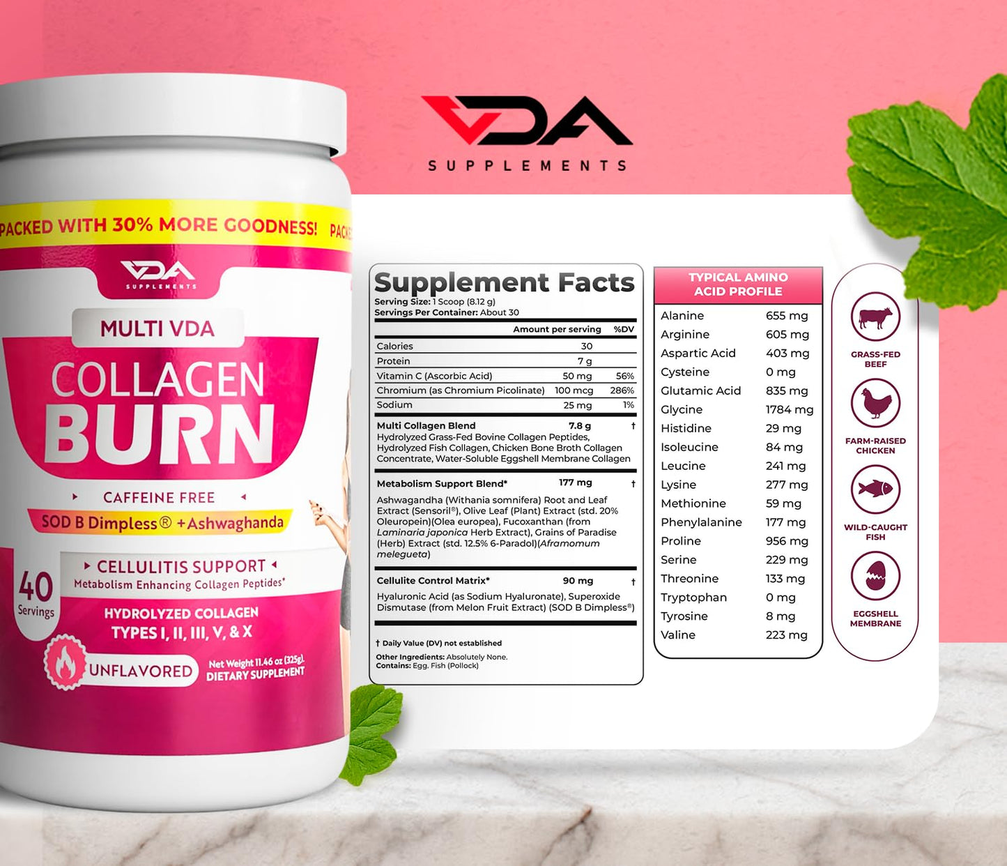 VDA Collagen Burn – Flavorless Hydrolyzed Collagen with Peptides (Types I–X) | 40 Servings