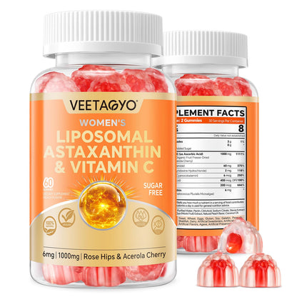 VEETAGYO Astaxanthin 6mg + Liposomal Vitamin C 1000mg - 60 Gummies | Gelatin Free