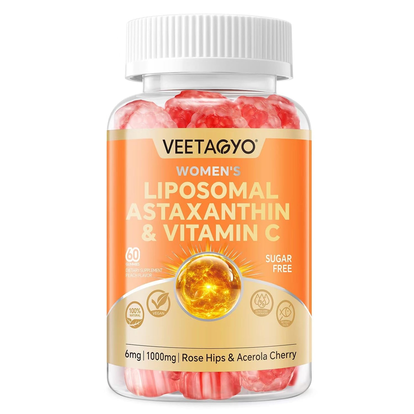 VEETAGYO Astaxanthin 6mg + Liposomal Vitamin C 1000mg - 60 Gummies | Gelatin Free