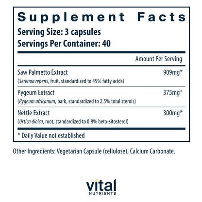 Vital Nutrients Saw Palmetto with Pygeum & Nettle Root – Vegan Prostate Support, 120 Capsules