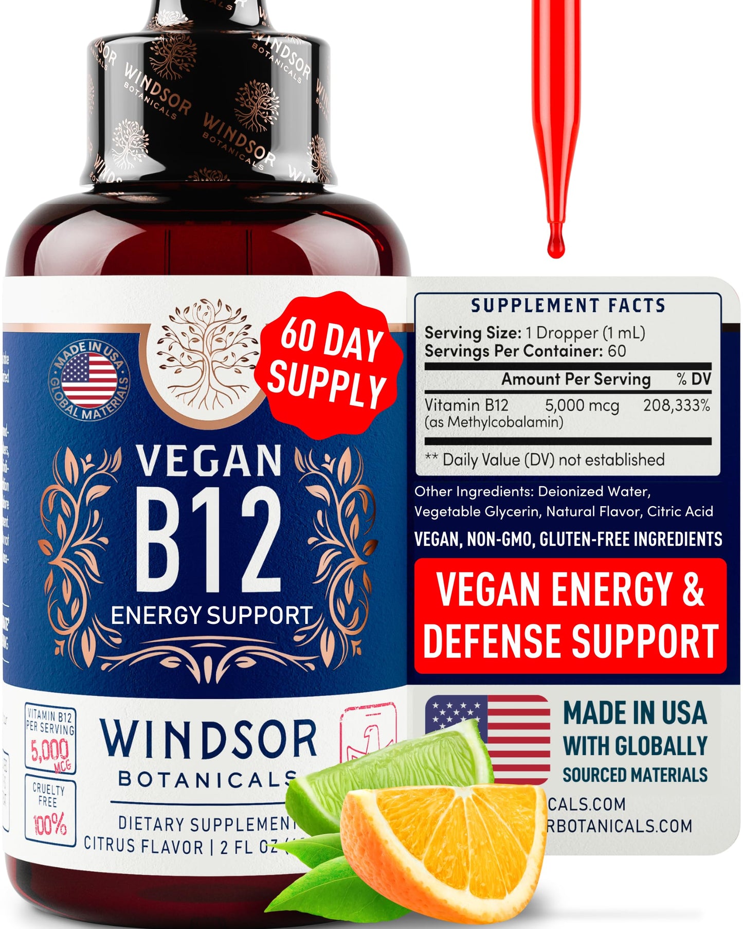 Vegan Vitamin B12 Liquid 5000 mcg | Sublingual Methylcobalamin Drops - 2oz